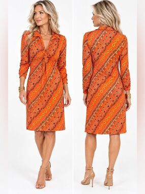 BARBARA GERWIT Women’s Chain Print Ruched Front Knee Length Dress Orange Small